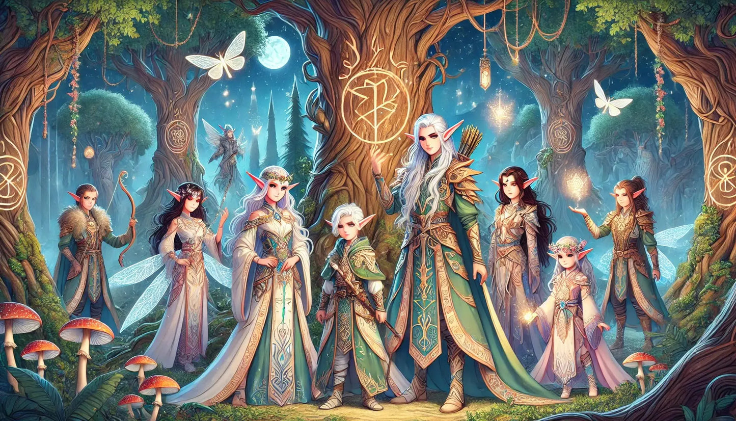 Fantasievolle Gruppe von Elfen in eleganter Zauberwelt unter Bäumen