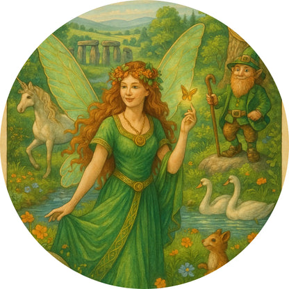 Keltische Elfenfrau mit Fabelwesen – Eine naturverbundene Fee mit roten Haaren steht auf einer Waldlichtung, umgeben von Tieren und keltischen Symbolen.