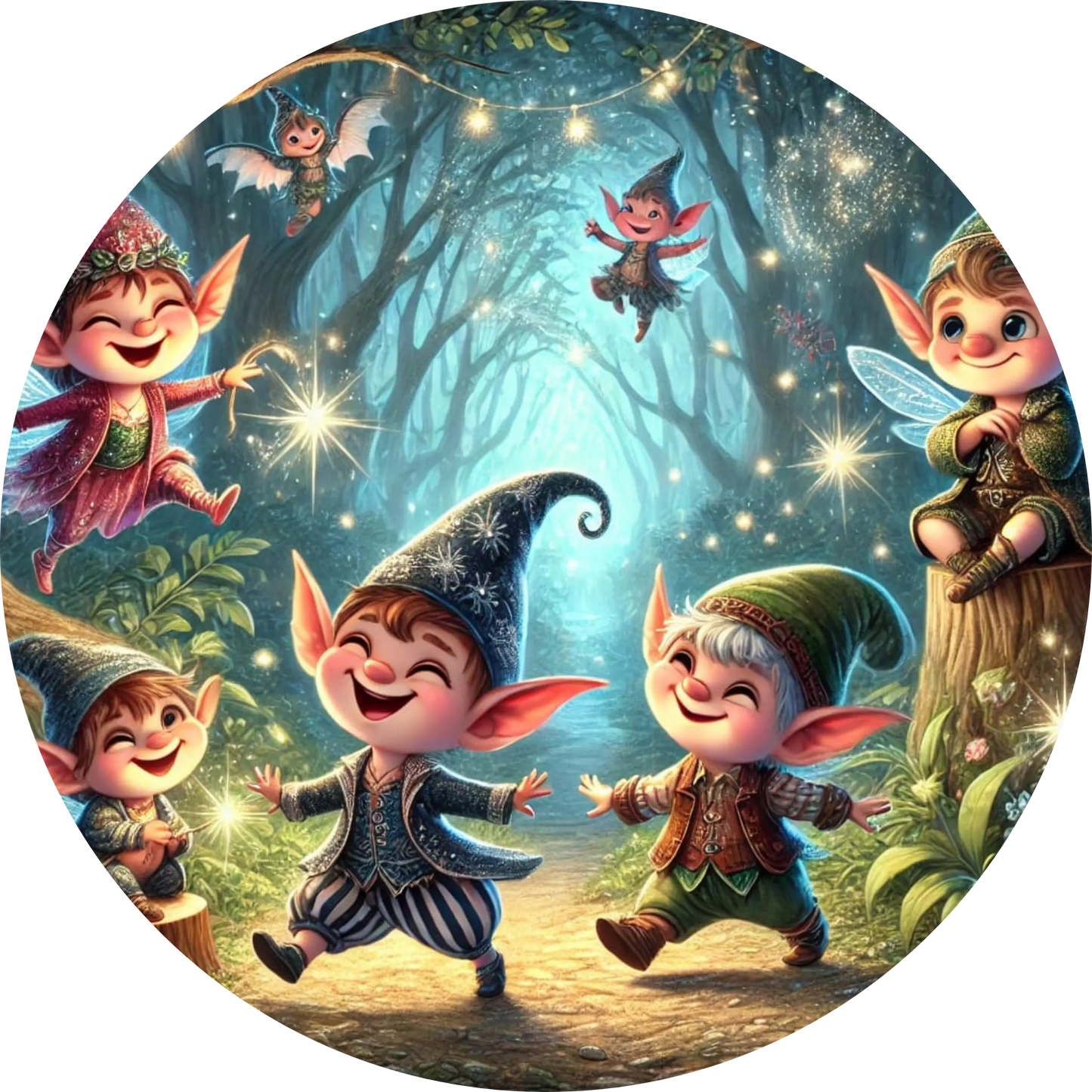 Fröhliche kleine Elfen in buntem Zauberwald mit Pilzen