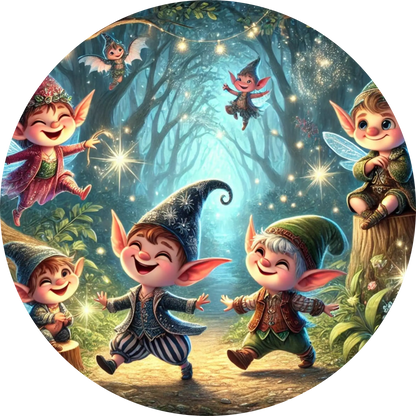 Fröhliche kleine Elfen in buntem Zauberwald mit Pilzen