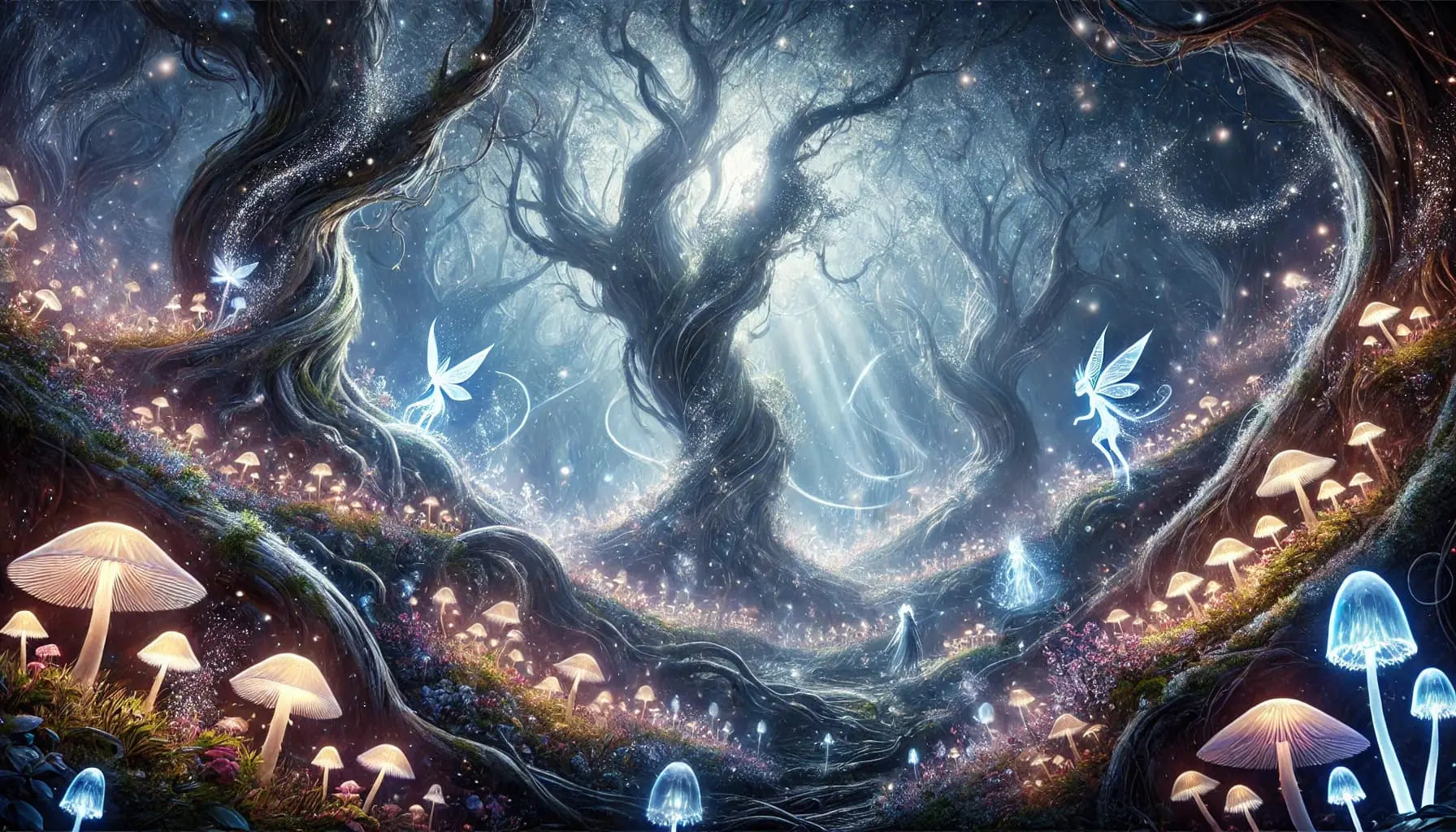 Verzauberter Feenwald voller glühender Pilze, leuchtender Feen und magischer Lichtstrahlen – märchenhafte Fantasiewelt mit geheimnisvollem Zauber.