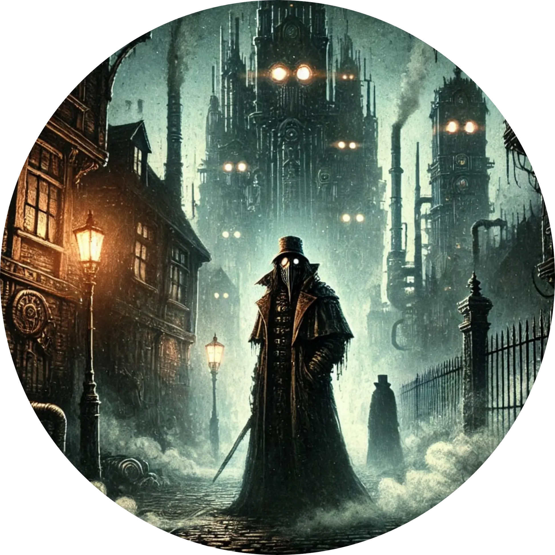 Dunkle Stadt mit Kapuzengestalt, die von hinten in Lichtquelle blickt