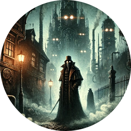 Dunkle Stadt mit Kapuzengestalt, die von hinten in Lichtquelle blickt