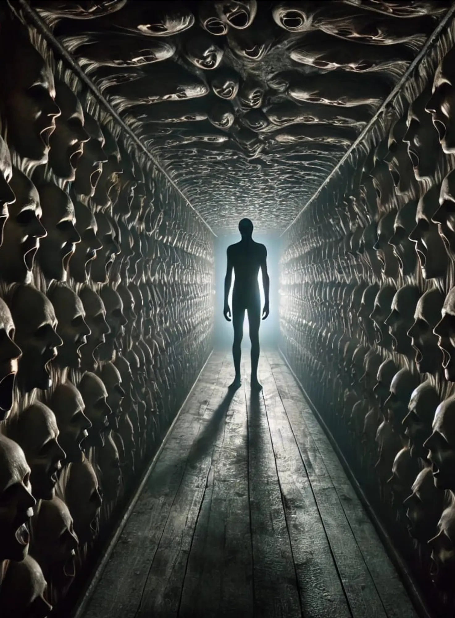 Unheimlicher Tunnel, dessen Wände komplett aus schreienden Gesichtern bestehen. Eine schattenhafte Figur steht am Ende des Ganges im Licht – eine Szene voller Bedrückung und Beklemmung.