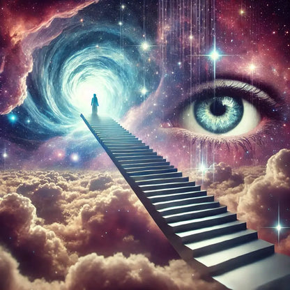 Eine endlose Treppe führt durch die Wolken ins All, daneben ein gigantisches Auge – surreale Wahrnehmung.