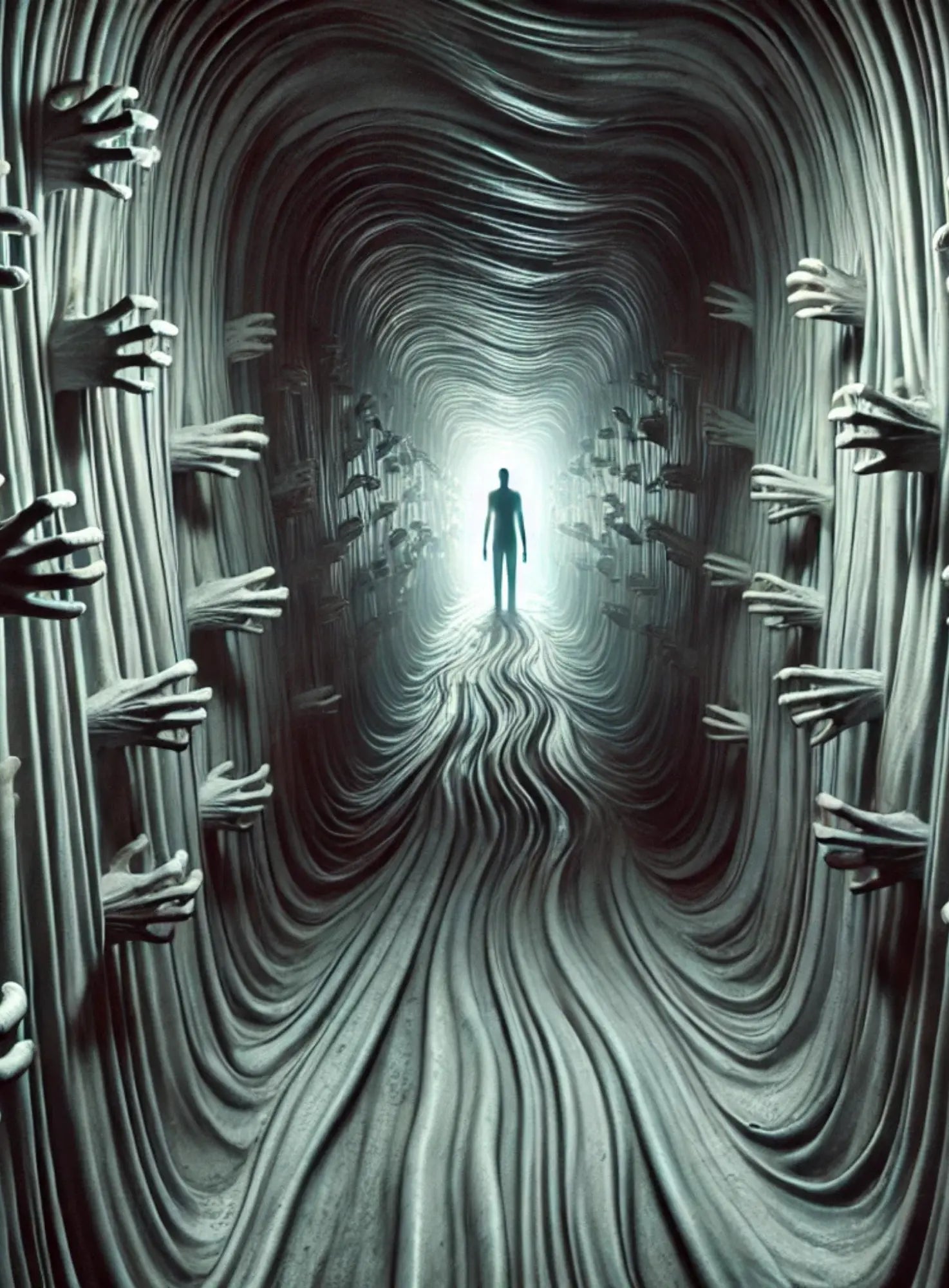 Verlassener, endlos wirkender Korridor mit einer dunklen, schemenhaften Gestalt – klaustrophobisch und unheilvoll.