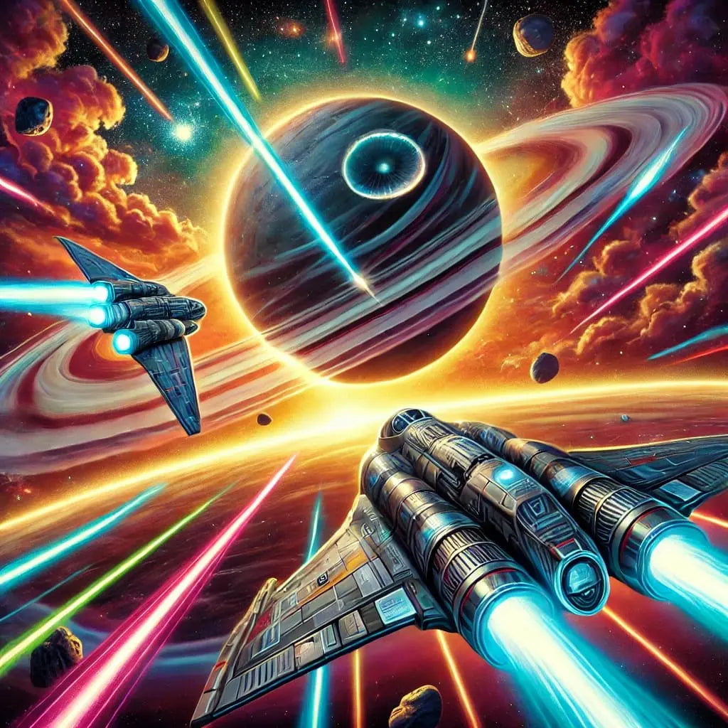 Science-Fiction-Szene mit Raumschiff im Energiestrahl – Comicstil.