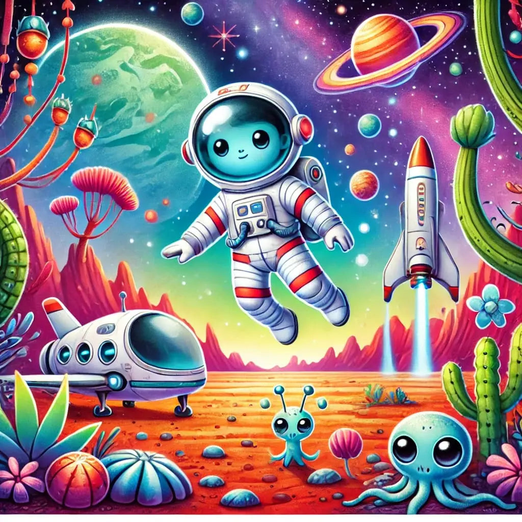 Mädchen im Raumanzug auf Entdecker-Tour auf  fremdem Planeten mit bunten Alienwesen im Comicstil.