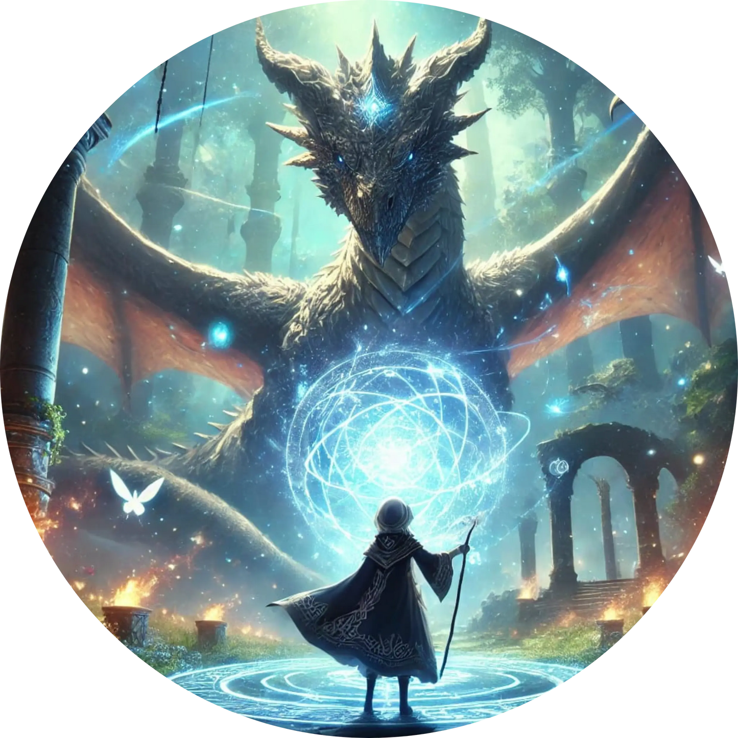 
Fantasymagierin mit leuchtender Kugel vor einem Drachen im epischen Setting
