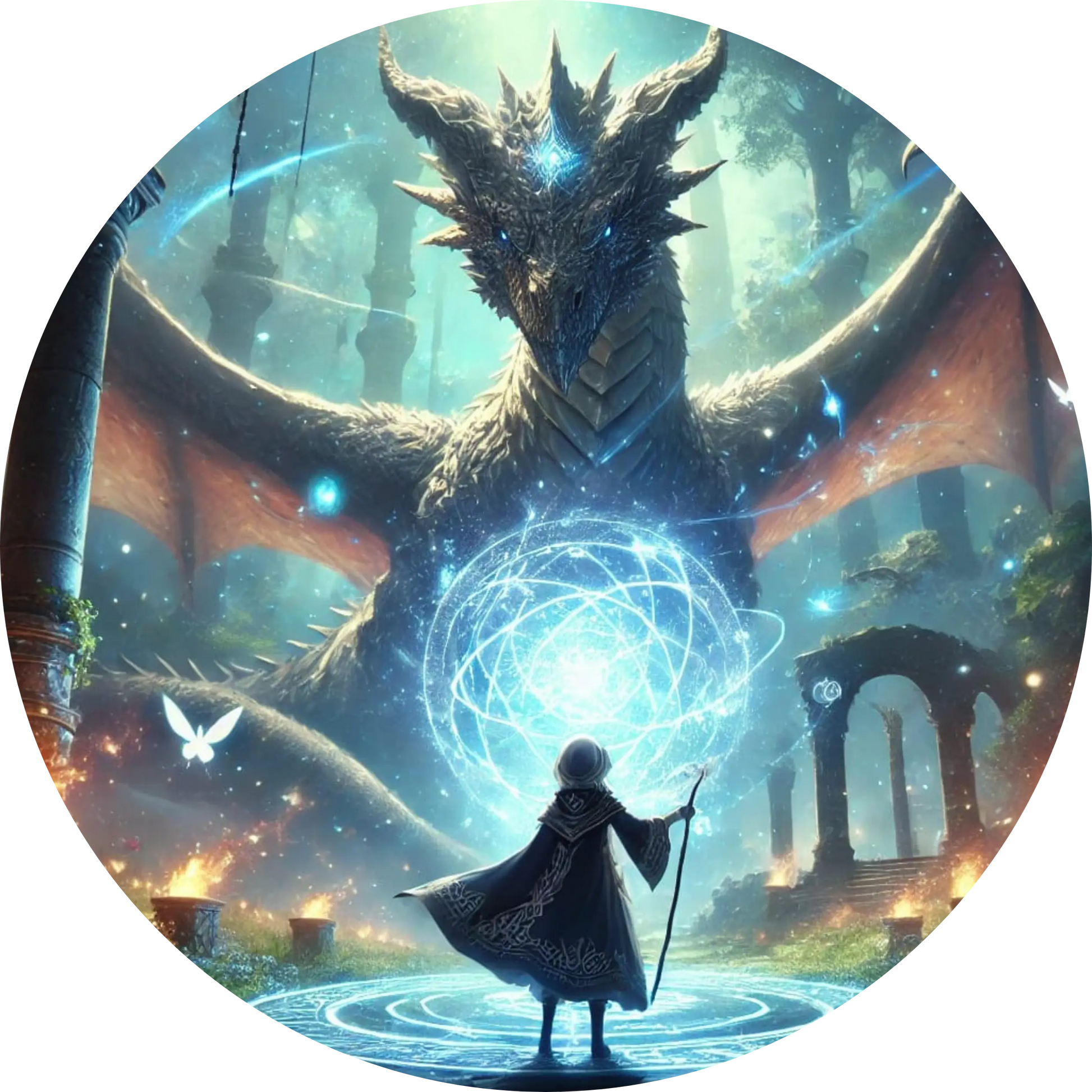 
Fantasymagierin mit leuchtender Kugel vor einem Drachen im epischen Setting
