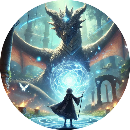 
Fantasymagierin mit leuchtender Kugel vor einem Drachen im epischen Setting
