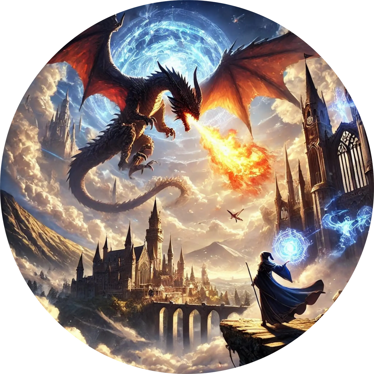 Manga-Fantasy-Szene mit Drachenangriff auf Stadt und kämpfendem Mädchen im Vordergrund
