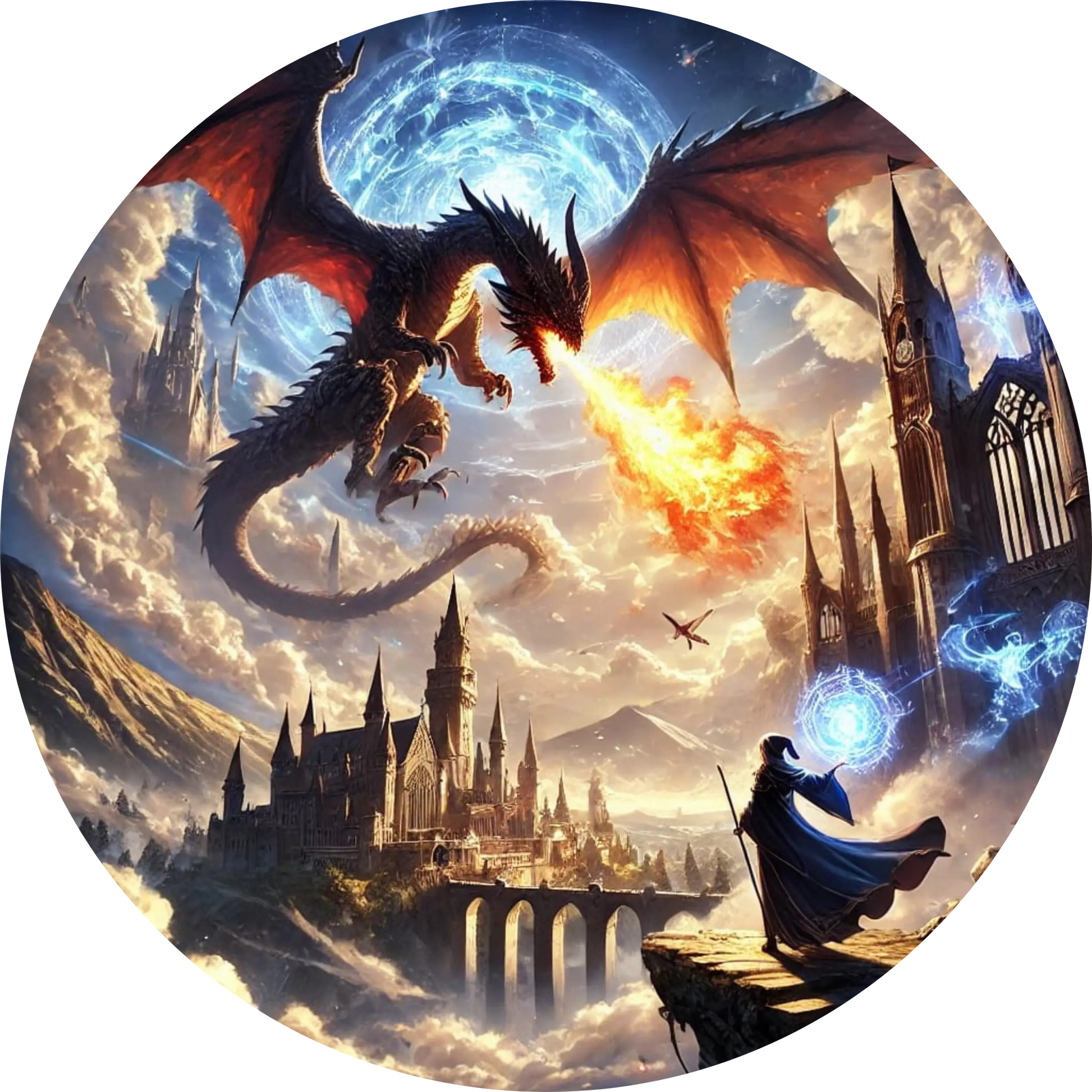 Manga-Fantasy-Szene mit Drachenangriff auf Stadt und kämpfendem Mädchen im Vordergrund
