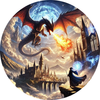 Manga-Fantasy-Szene mit Drachenangriff auf Stadt und kämpfendem Mädchen im Vordergrund
