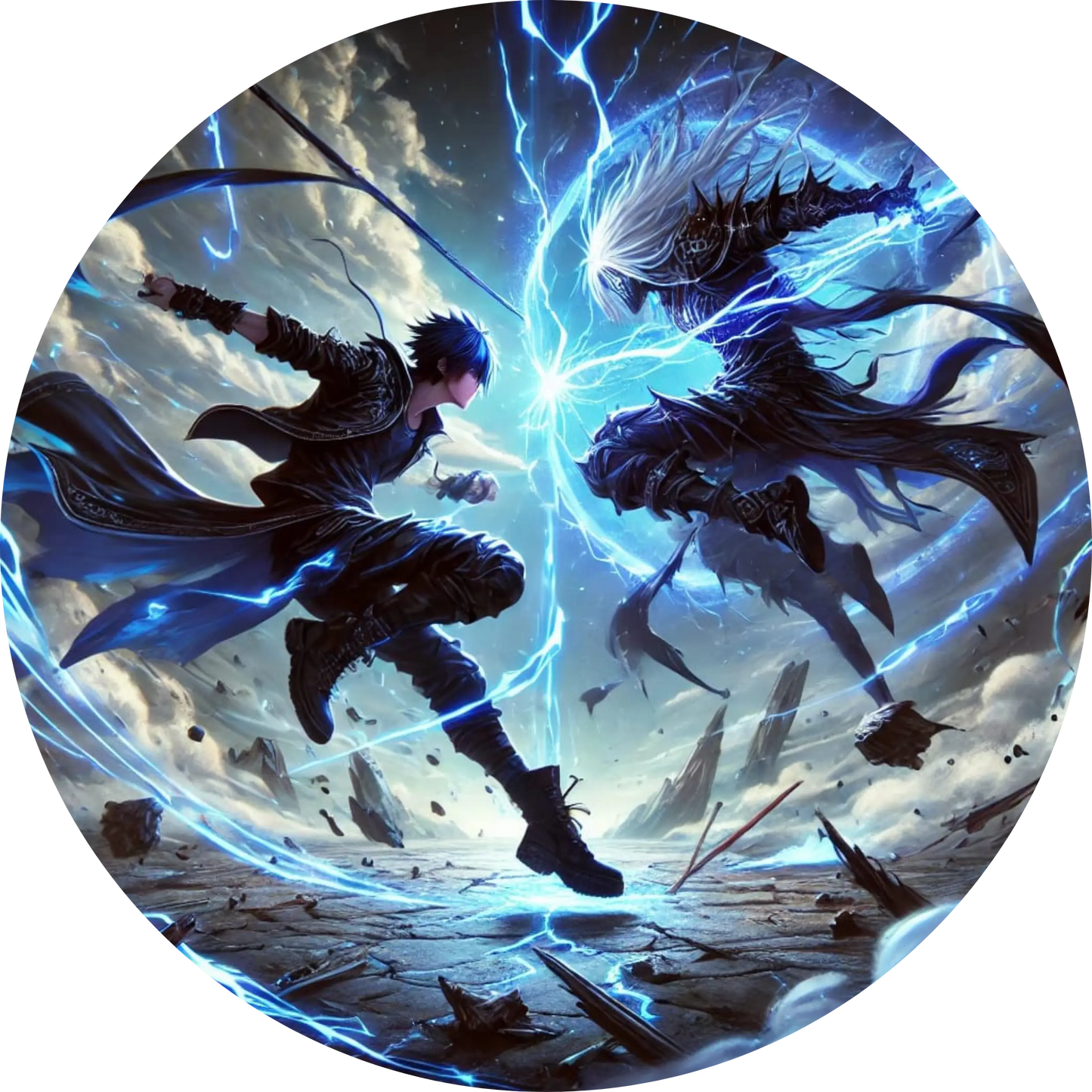 Episches Kampfduell zweier Manga-Figuren in Blitzszene mit Energieeffekten