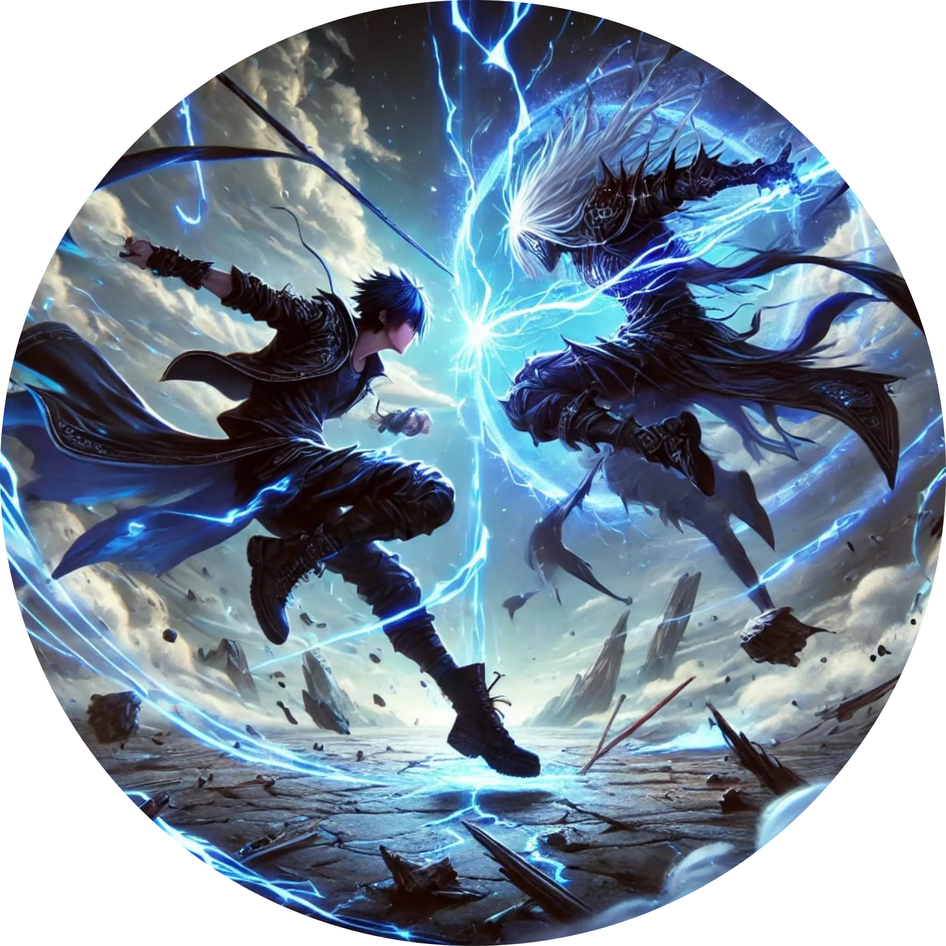 Episches Kampfduell zweier Manga-Figuren in Blitzszene mit Energieeffekten