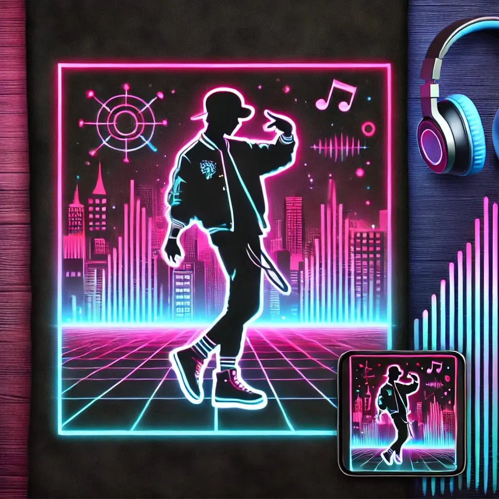 Tänzerin im Club mit Equalizer – Silhouette eines tanzenden Mädchens vor leuchtendem Equalizer im Clubambiente.