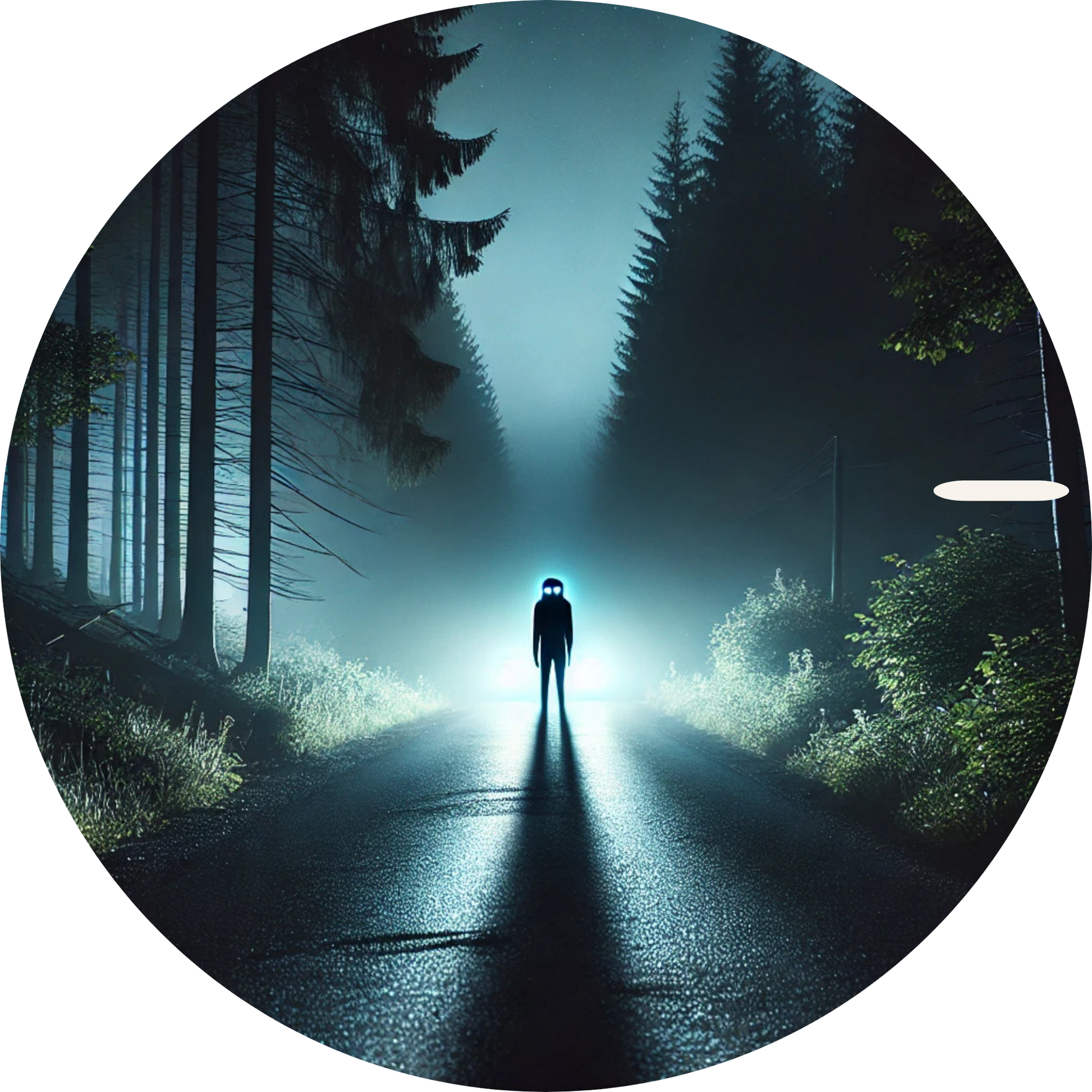  Einzelne Person auf Waldstraße in der Dämmerung, von Bäumen umgeben
