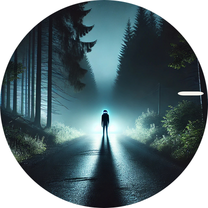  Einzelne Person auf Waldstraße in der Dämmerung, von Bäumen umgeben
