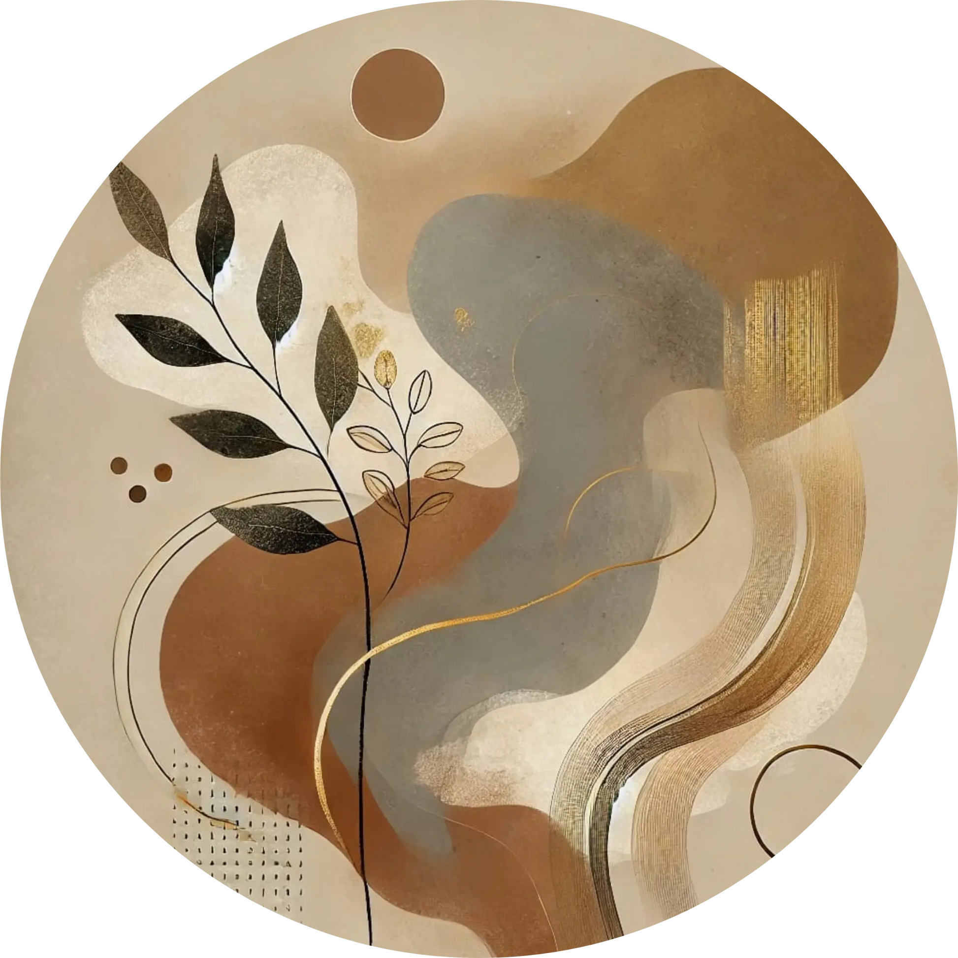 Abstrakte Formen in Beige, Creme und Braun mit Pflanzenmotiv