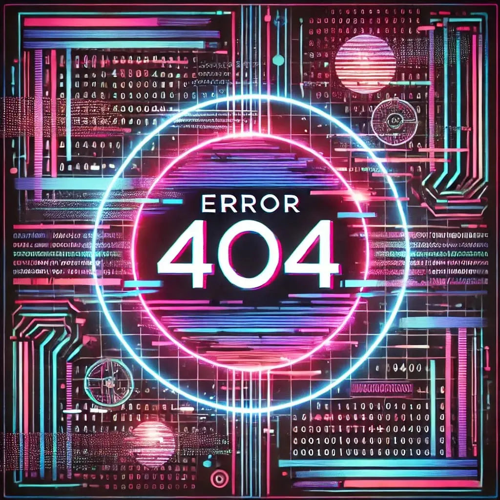 Fehlermeldung „Error 404“ im Neonkreis – Glühende „404“-Anzeige mit digitalen Datenströmen im Hintergrund.