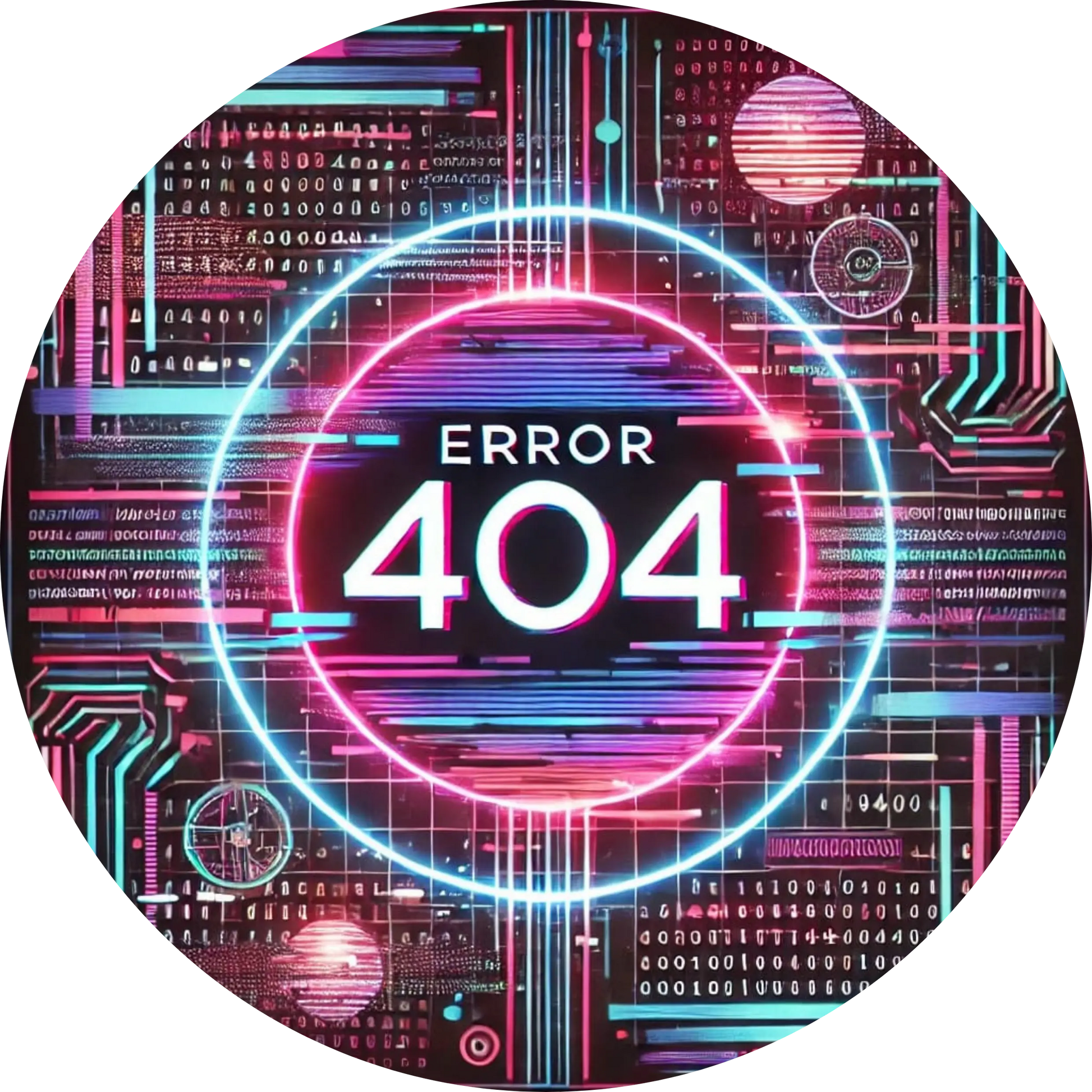 Leuchtendes „Error 404“-Design mit buntem Neon-Hintergrund.