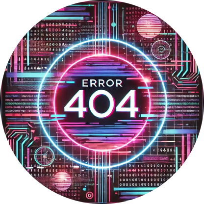 Leuchtendes „Error 404“-Design mit buntem Neon-Hintergrund.