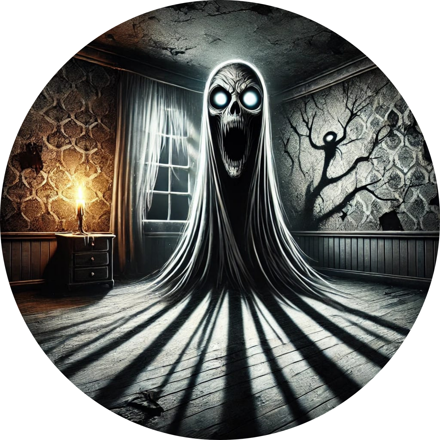 Geistähnliche Erscheinung in einem verfallenen Raum mit flackerndem Licht – unheimliche Atmosphäre.