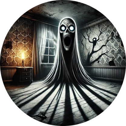 Geistähnliche Erscheinung in einem verfallenen Raum mit flackerndem Licht – unheimliche Atmosphäre.