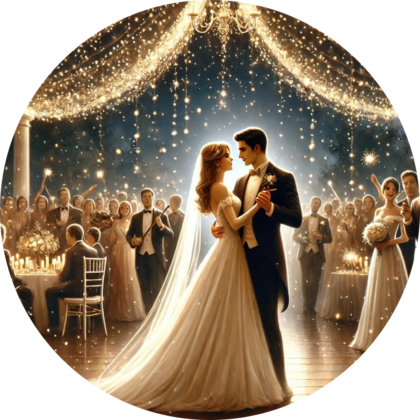 Brautpaar beim ersten Tanz in festlich geschmücktem Ballsaal mit Lichterketten