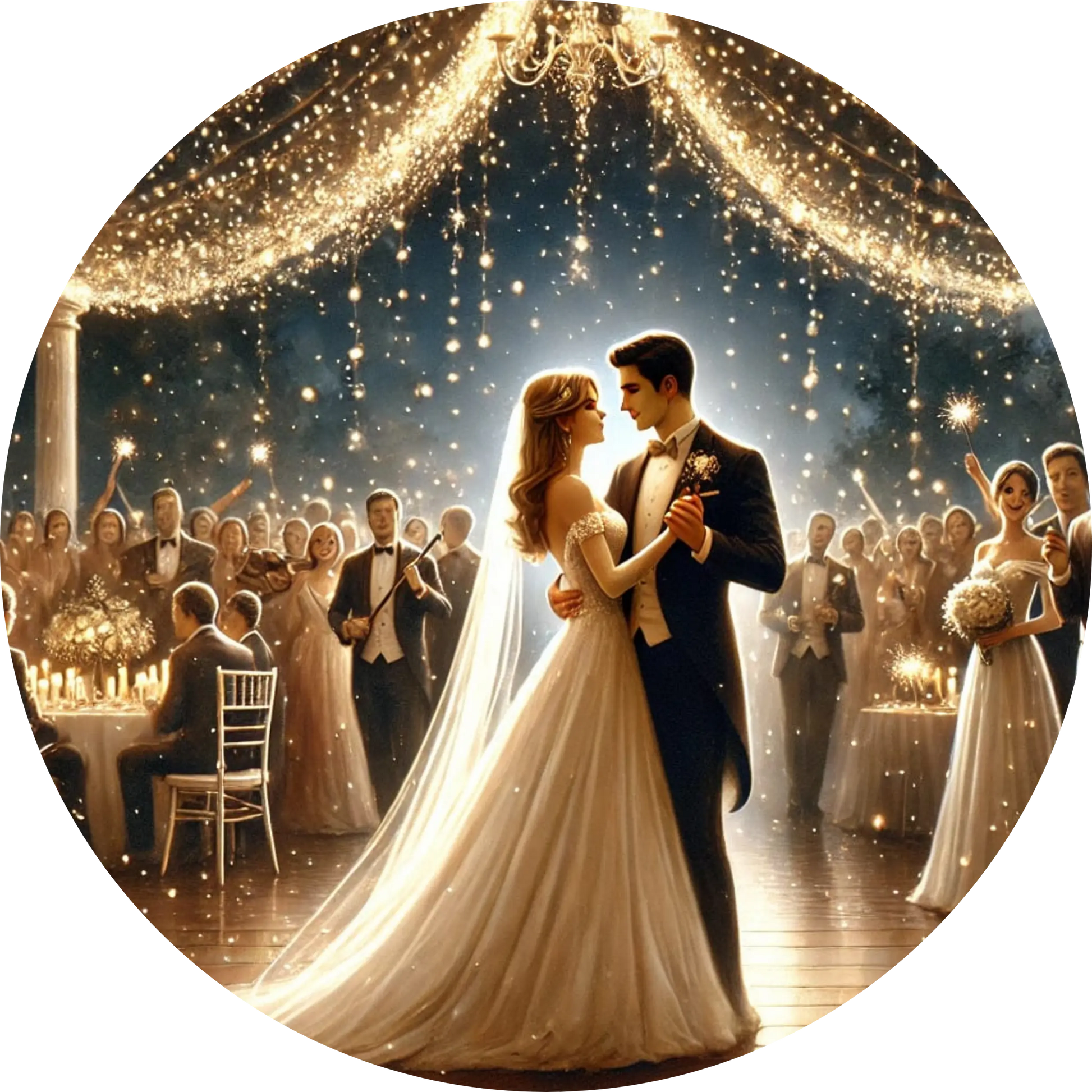 Brautpaar beim ersten Tanz in festlich geschmücktem Ballsaal mit Lichterketten