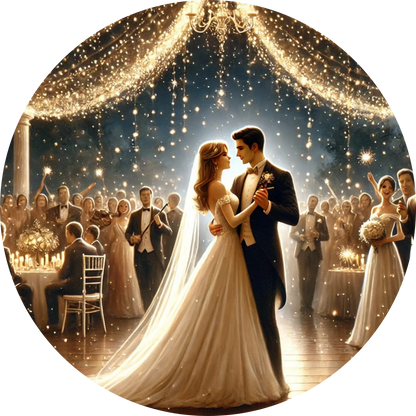 Brautpaar beim ersten Tanz in festlich geschmücktem Ballsaal mit Lichterketten