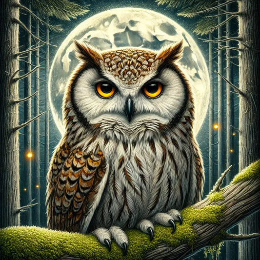 Eule auf Ast im Wald bei Vollmond – realistisch illustriert