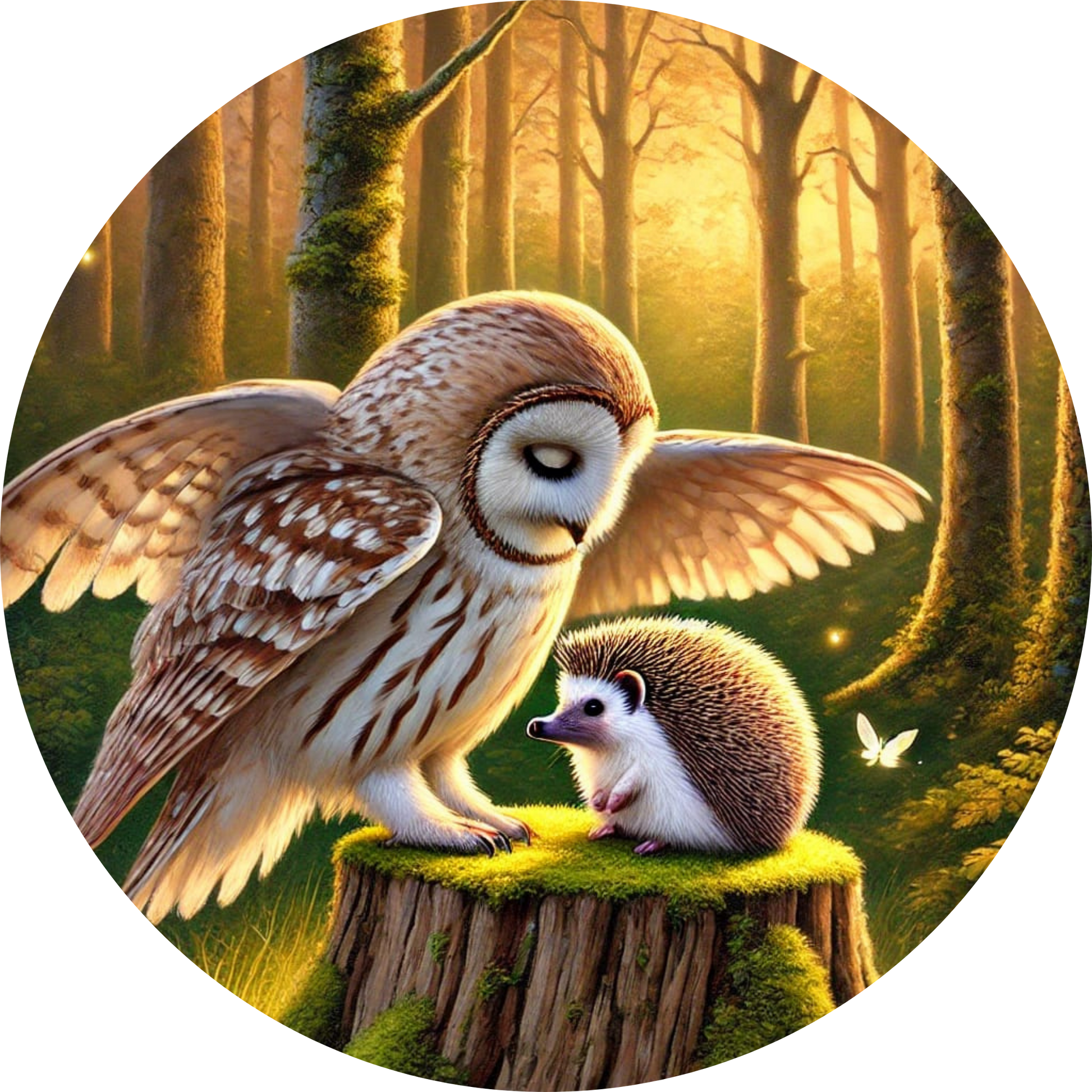 Zwei Eulen auf einem Ast, herbstlich beleuchtet