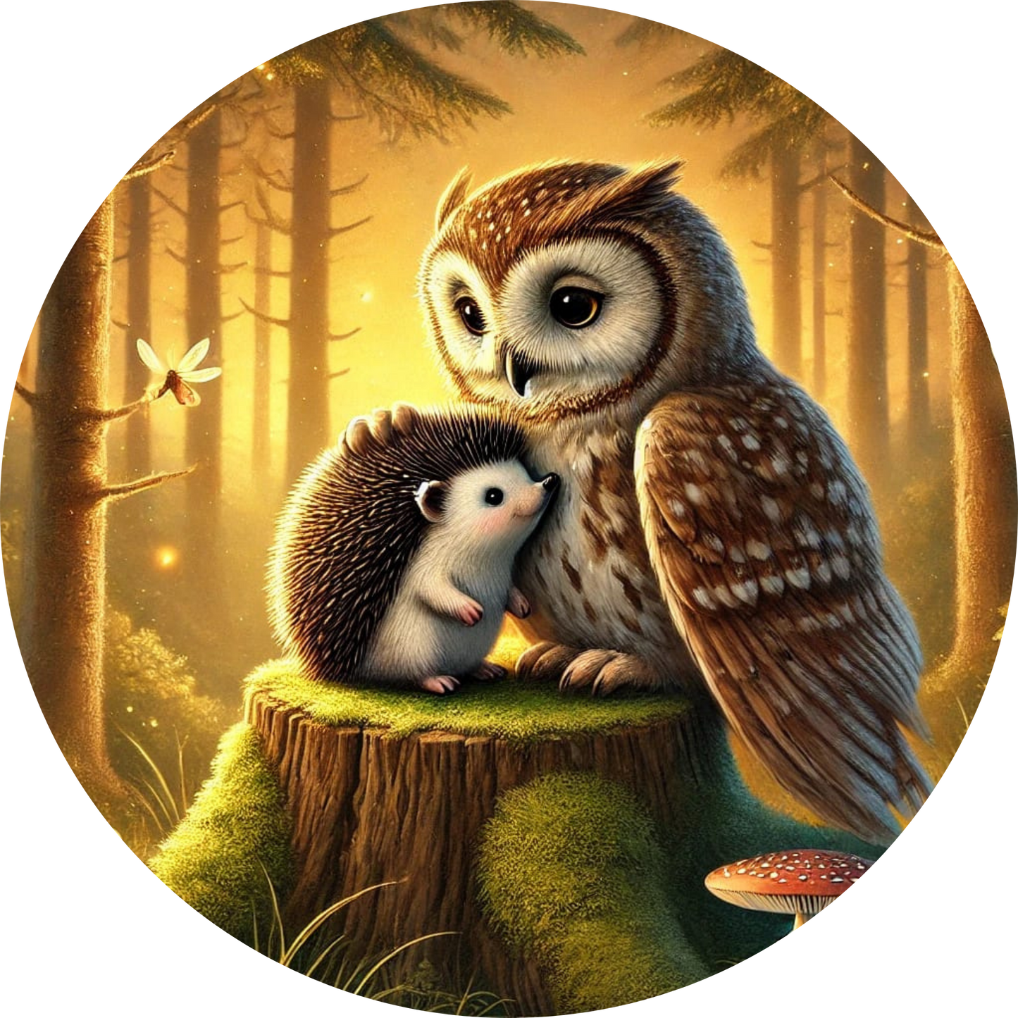 Eule mit Igel auf einem Baumstamm im Mondlicht