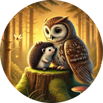 Eule mit Igel auf einem Baumstamm im Mondlicht