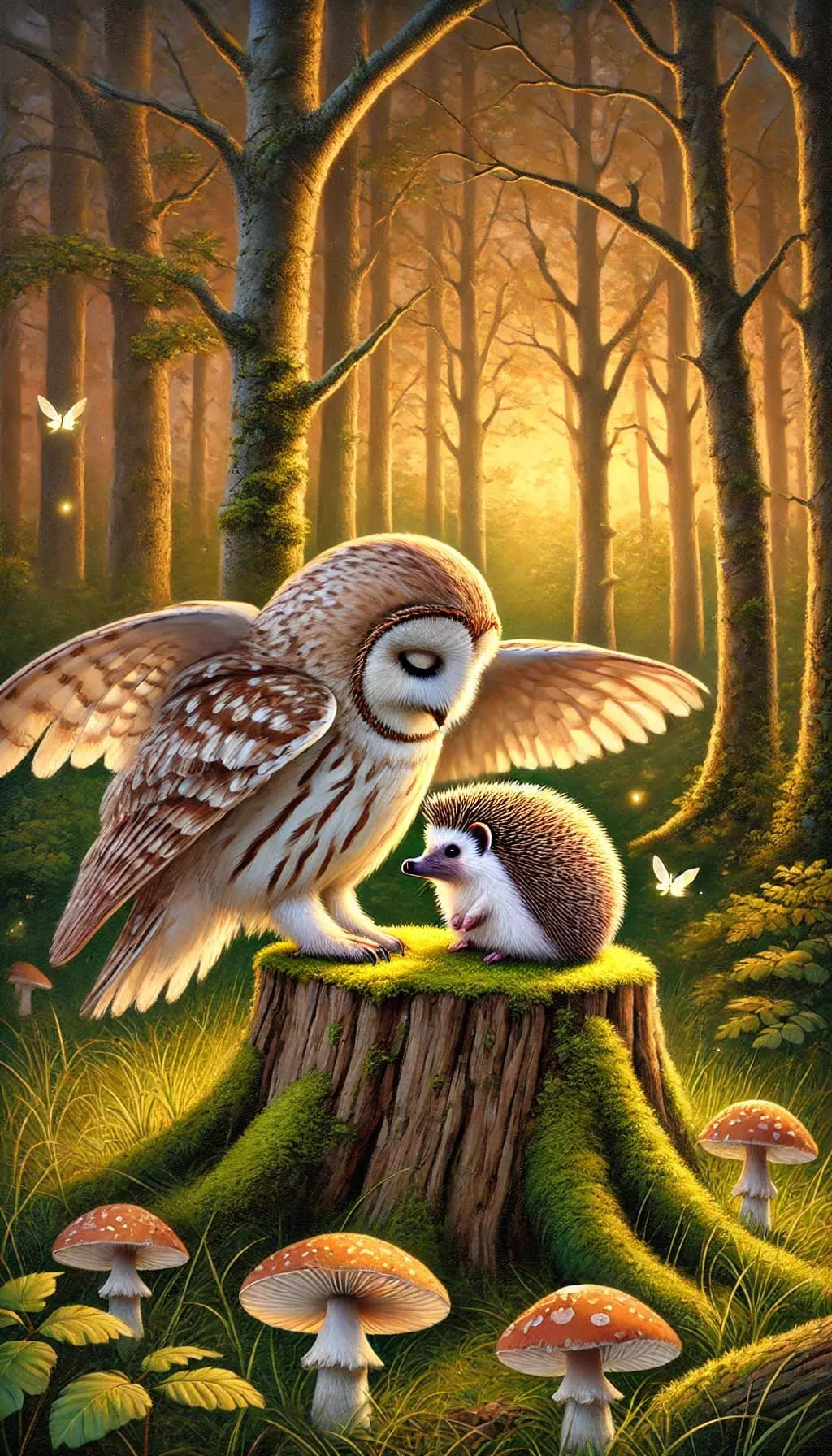 Eule mit Jungtier auf einem Ast in einem dämmerigen Wald.