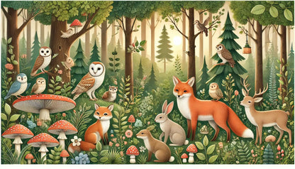 Viele Eulen und Füchse, versammelt mit Kaninchen mitten im Wald