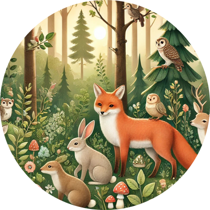 Füchsin mit Jungem im Wald – sanftes Waldmotiv in warmen Naturfarben