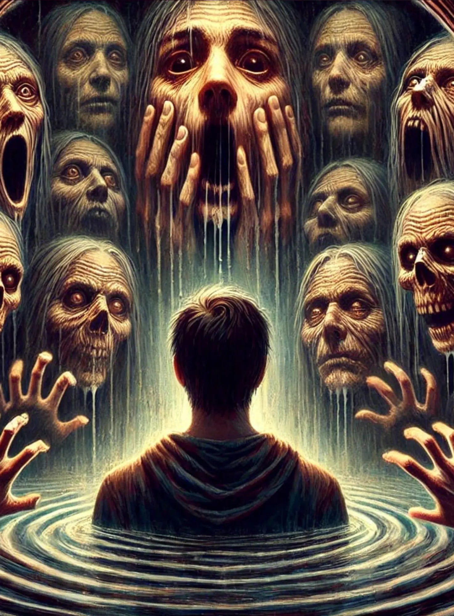 Verstörendes Porträt eines Mannes, dessen Gesicht sich in dunklem Wasser spiegelt – umgeben von schemenhaften Gesichtern im Hintergrund.