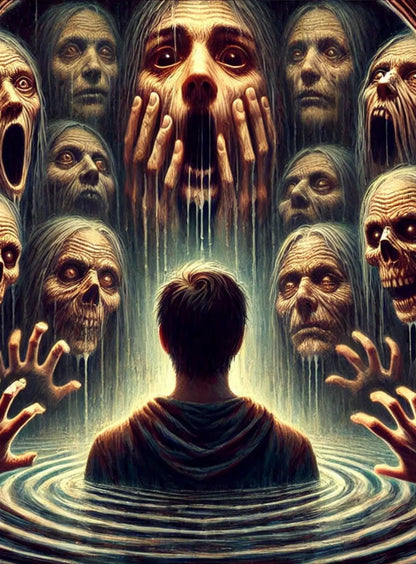 Verstörendes Porträt eines Mannes, dessen Gesicht sich in dunklem Wasser spiegelt – umgeben von schemenhaften Gesichtern im Hintergrund.