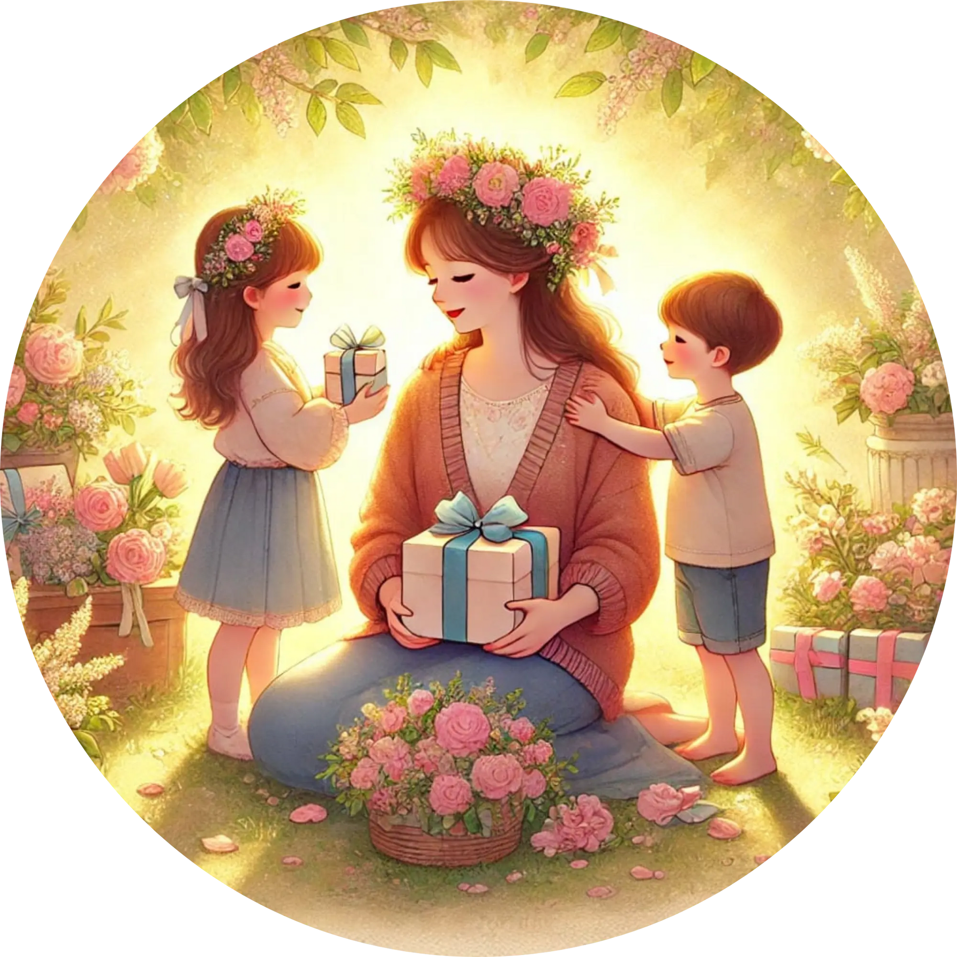 Mutter sitzt mit Kindern im Garten und wird beschenkt. Es leuchtet hell und sonnig.