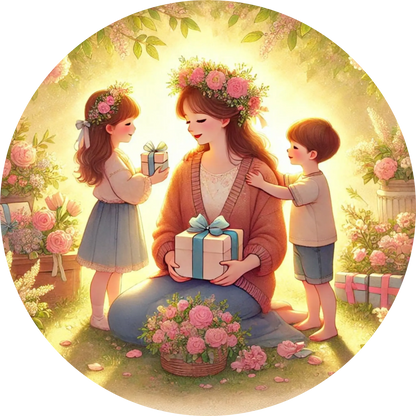 Mutter sitzt mit Kindern im Garten und wird beschenkt. Es leuchtet hell und sonnig.