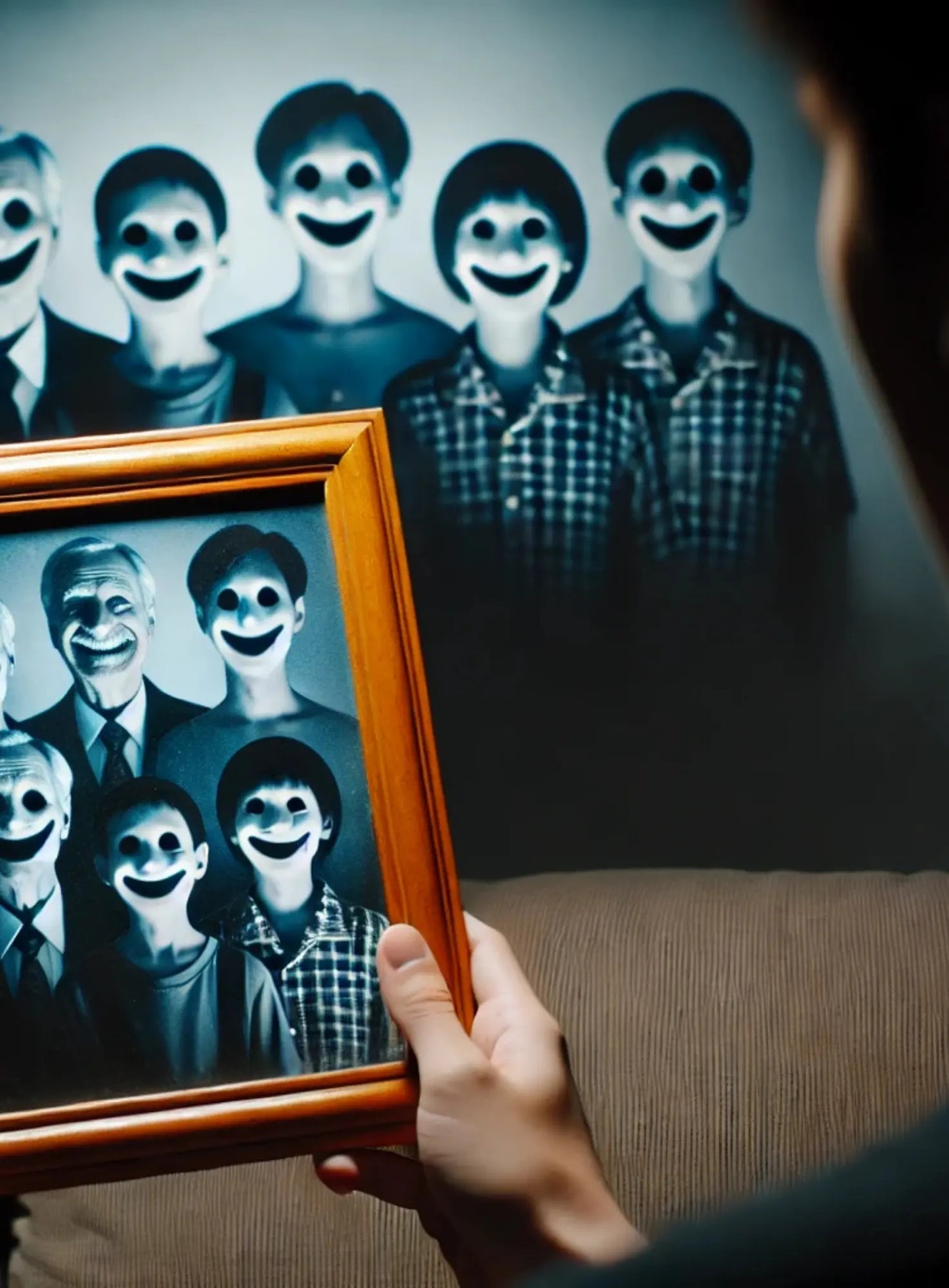 Galerie mit gruseligen Porträts
„Ein Mann hält ein Bild, das sich in unzähligen weiteren Porträts wiederholt – gespenstisch verzerrte Identitäten.