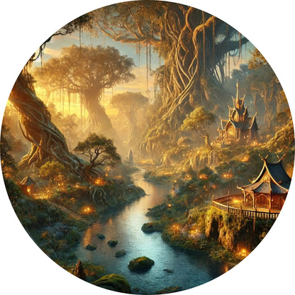 Verwunschene Fantasielandschaft mit leuchtendem Fluss, großen Wurzeln und Bäumen, kleinen Brücken und einem Tempel zwischen goldenem Licht und moosbedeckten Steinen.