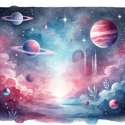 Fantasievolle Galaxie mit rosa-blauem Nebel und Saturn im Hintergrund.