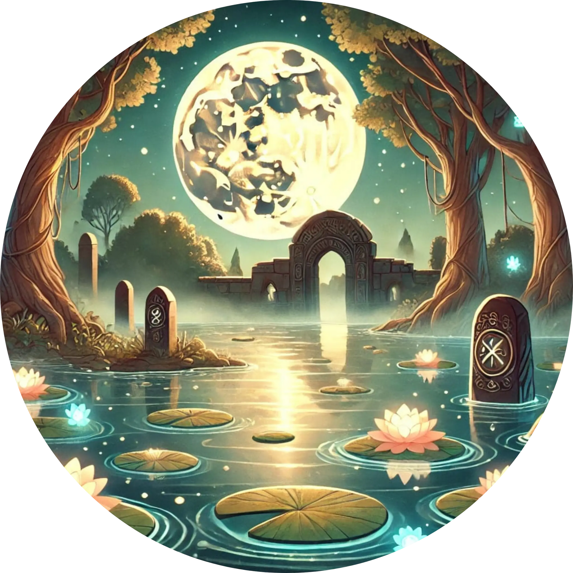 Fantasy-Szene mit leuchtenden Lotuslichtern auf Wasserfläche