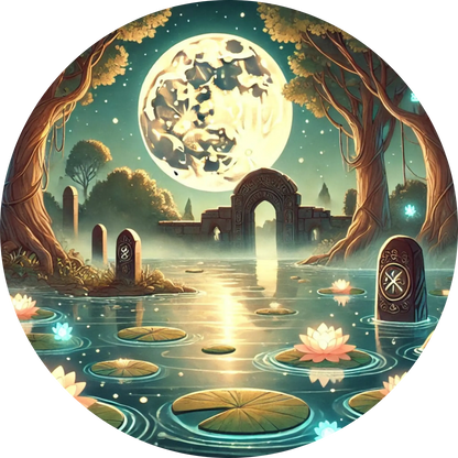 Fantasy-Szene mit leuchtenden Lotuslichtern auf Wasserfläche