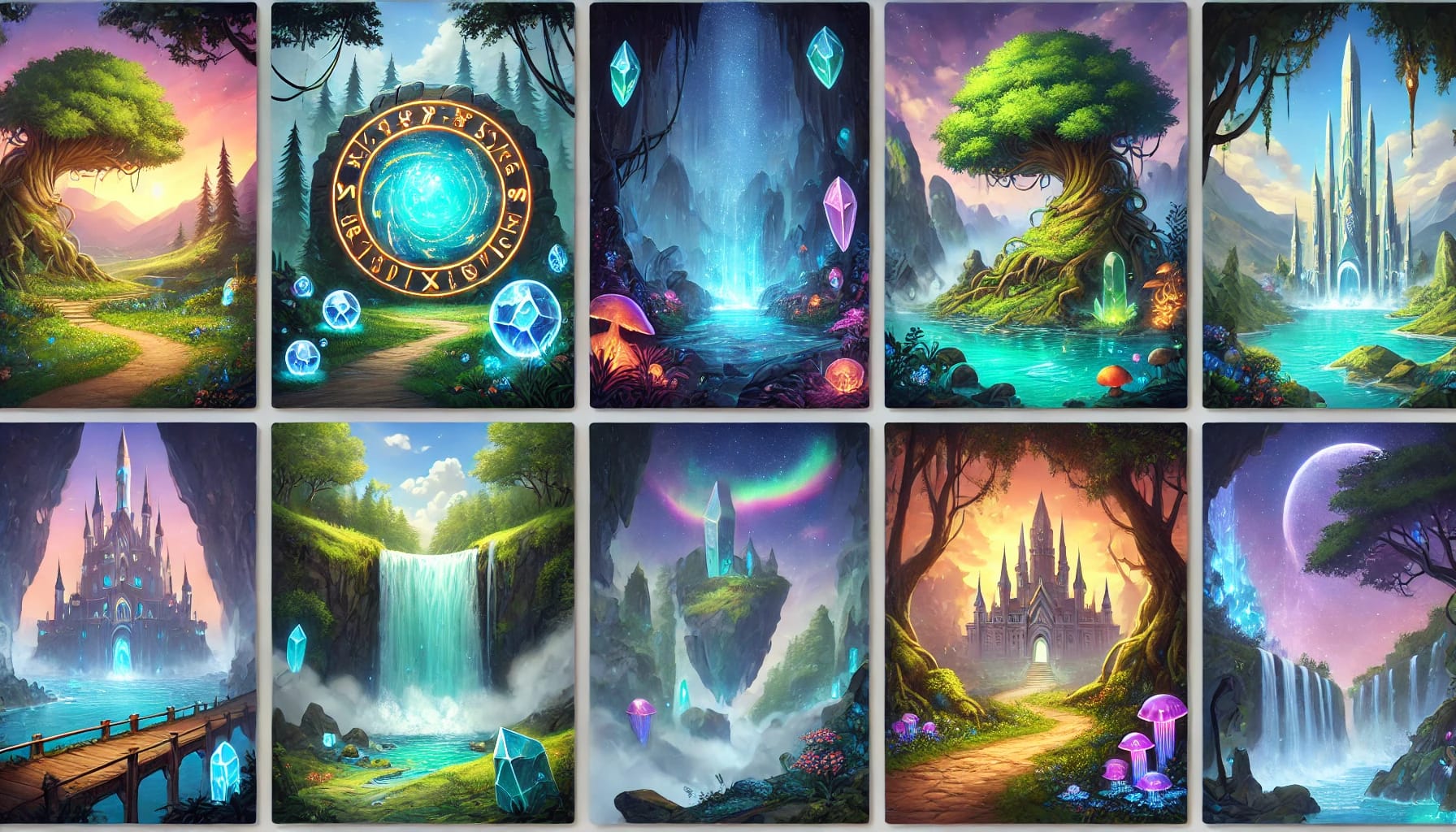  Fantastische Galerieansicht mit neun verschiedenen Fantasy-Landschaften und Symbolen.