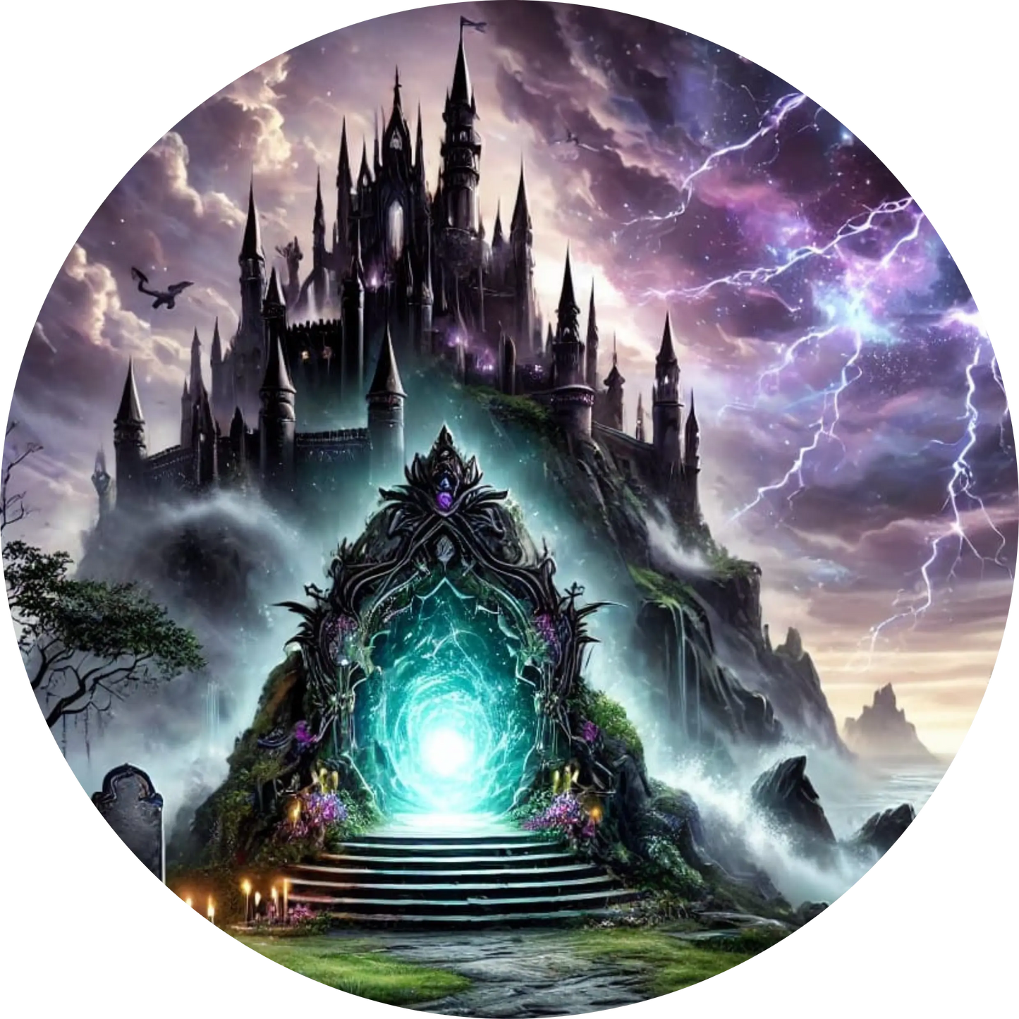 Dunkles Fantasy-Schloss mit leuchtendem Eingang in violett-blauer Umgebung